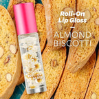 Blossom Roll on Lip Gloss, Gourmand Scented Clear High Shine Moisturizing Lip Oil, Non Sticky, Infused with Real Flowers, Made in USA, 0.2oz, Almond Biscotti