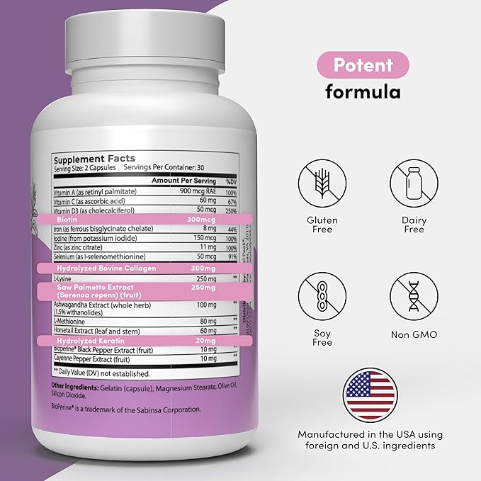 Hair Peak - Hair Growth Supplement - Hair Vitamins to Support Healthy Hair - with Biotin, Collagen, Saw Palmetto Extract, Keratin, Iron, Ionide, Zinc & More - Gluten Free, Dairy Free - 60 Capsules