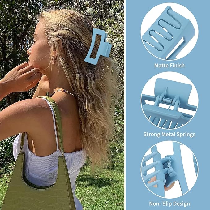 3.5 Inch Medium Hair Claw Clips 6 Pack Hair Clips for Women Square Rectangle Claw for Hair Banana Jaw Clips Hair Accessories for Girls (Blue)