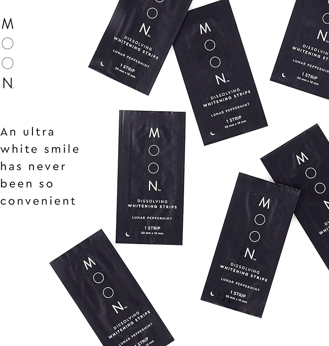 MOON Dissolving Teeth Whitening Strips - Vegan, Easy-to-Use, No Rinse White Strips - Hydrogen Peroxide and Essential Oils Infused Gentle Teeth Whitening Kit - Travel Essentials for Oral Care (56 Ct)