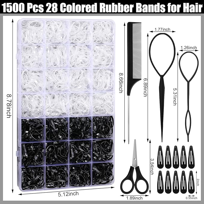 Rubber Bands for Hair, 1500 Pcs Elastic Hair Bands Baby Girl Hair Ties Mini Hair Rubber Bands with 4 Hair Styling Tools 10 Hair Clips Hair Accessories for Toddler Baby Girl Kids