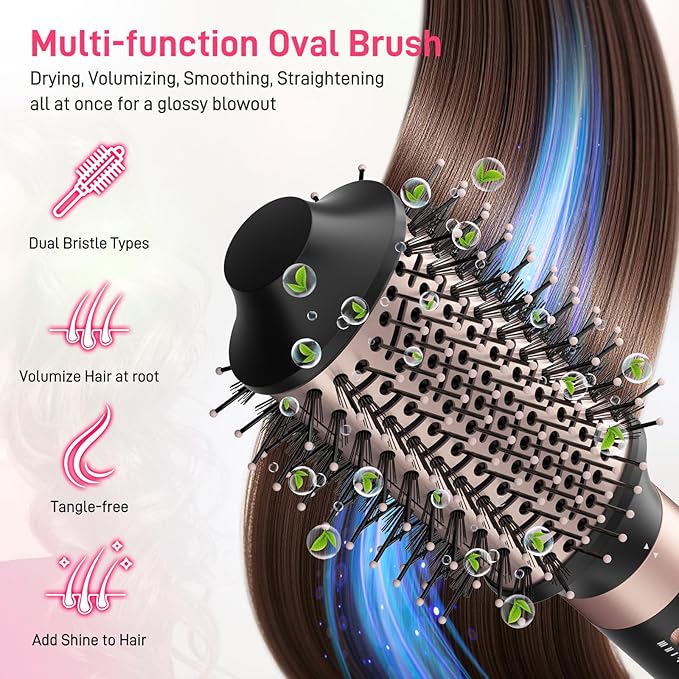 Dual Voltage Hot Air Styler Wrap - 5 in 1 Hair Dryer Brush with Fast Drying Blow Dryer, Styling, Straightening & Volumizing with Travel Bag (100V–240V) Gift for Women (Black + Pink)