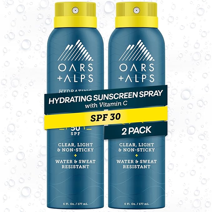 Oars + Alps Sunscreen Spray for Face & Body Spray Sunscreen Infused with Vitamin C & Antioxidants, No White Residue, Water & Sweat Resistant, All Skin Types, Lightweight, Hydrating, SPF 30, 6 Oz, 2pk