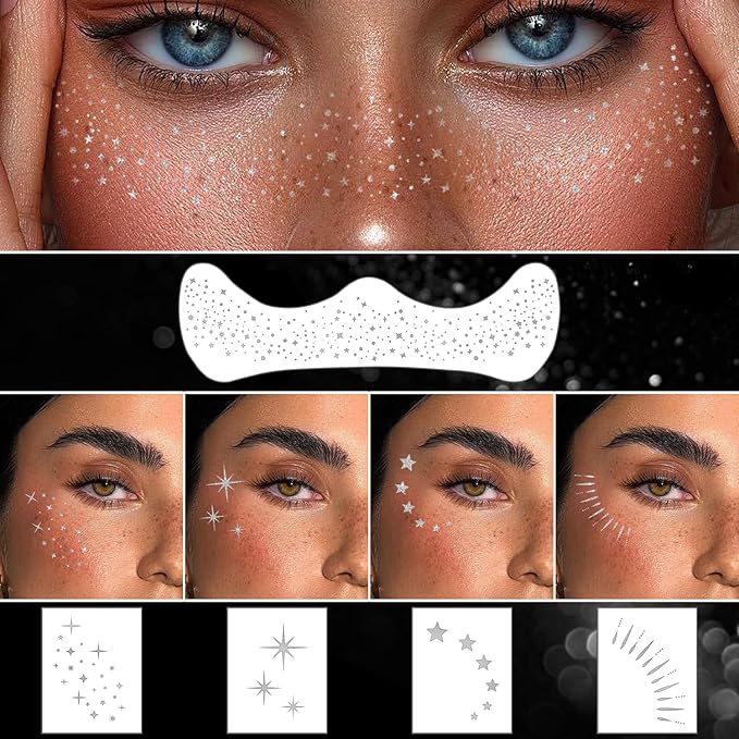 20 Pcs Face Makeup Patches, Glitter Freckles Face Tattoo for Teenagers & Young Women, Sparkle Freckles Makeup Patches, Waterproof Face Glitter Freckles for Christmas (Silver)
