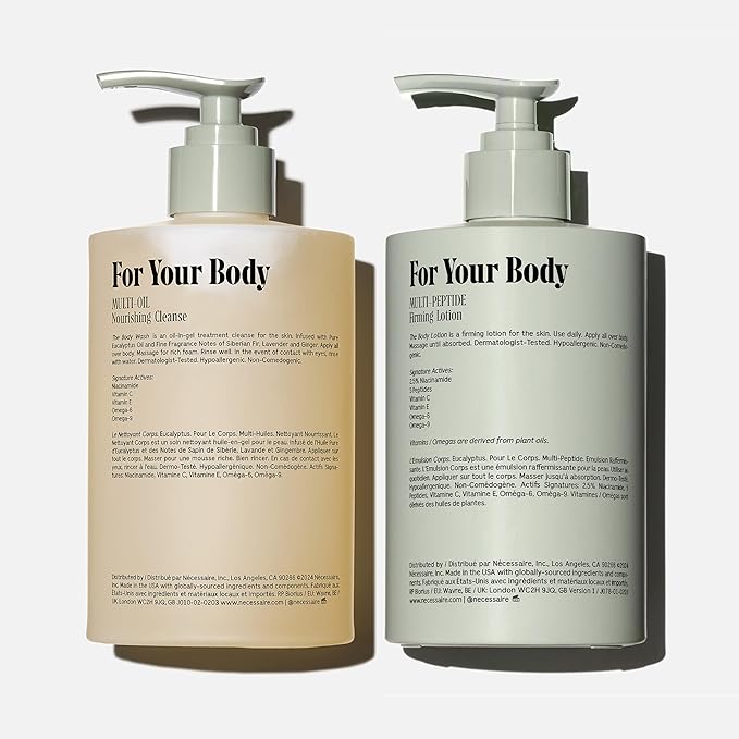 Nécessaire The Body Duo (Eucalyptus) Skincare Gift Set For Women + Men - The Body Wash 16.9oz + The Body Lotion 15.2oz. Multi-Oil Shower Gel Cleanser + Multi-Peptide Body Moisturizer. Non-Comedogenic.