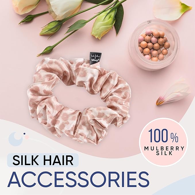 Blissy Silk Scrunchies (3 Pack) - 100% Pure Mulberry Silk - 22 Momme 6A High-Grade Fibers Scrunchie for Straight & Curly Hair (Nicole Miller - Mauve Cheetah, Regular)