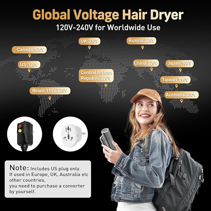 Quico Travel Hair Dryer with Dual Voltage, 120000 RPM Fast Drying Hair Dryers for Women with 500 Million Negative Ions, Thermo-Control Compact Hair Blow Dryer with Cold, 3 Heat & 3 Speed Settings