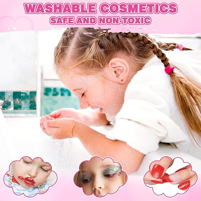 99 Pcs Kids Makeup Kit for Girls, Princess Toys Real Washable Cosmetics Set with Mirror, Hair Ties, Nails, Rings, Earrings, Necklace, Perfect for 3 4 5 6 7 8 Year Old Girls Birthday