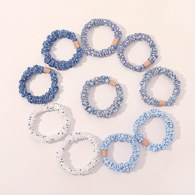 Hair Ties Silk Satin Scrunchies - Small Mini Thin Elestics Ponytail Holder Hair Bands Skinny Scrunchy For Thick Curl Hair No Crease Hair Ties Soft Accessories No Hurt Your Hair for Women and Girls (Blue)
