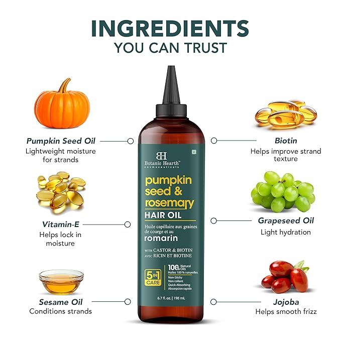 Botanic Hearth Hair Oil for Hair Growth | Strengthening Dry, Frizzy, Damaged Hair & Scalp Treatment | No Parabens or Harmful Sulfates | All Hair Types | Rosemary & Pumpkin Hair Oil - 6.7 Fl Oz