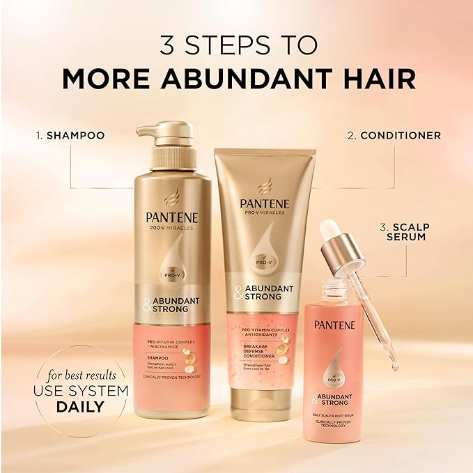 Pantene Abundant & Strong 3-Piece Regimen with B5 Complex + Niacinamide, Shampoo (13.5 oz), Conditioner (8 oz), Serum (2 oz) for Hair Loss, Thinning, Anti-Breakage, Volume - Grows Healthier