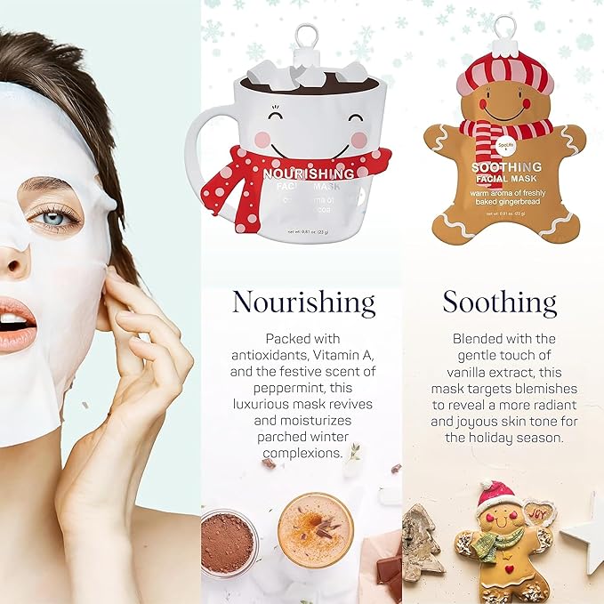 SpaLife Beauty Holiday Treats Christmas Face Mask Bundle | Korean Facial Mask | Hydrating, Soothing and Moisturizing Sheet Mask Set | Stocking Stuffers for Women | Bulk Christmas Gifts | 12 Pack
