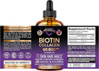 Liquid Biotin & Collagen 60,000 mcg - Vitamins for Hair Growth Support - Extra Strength Drops for Women & Men - Liquid Collagen Supplement - Strong Nails & Healthy Skin - Made in USA - 4 Fl Oz