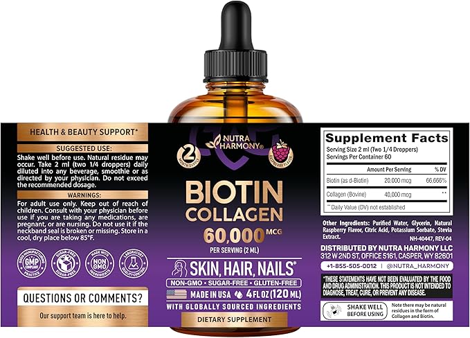 Liquid Biotin & Collagen 60,000 mcg - Vitamins for Hair Growth Support - Extra Strength Drops for Women & Men - Liquid Collagen Supplement - Strong Nails & Healthy Skin - Made in USA - 4 Fl Oz