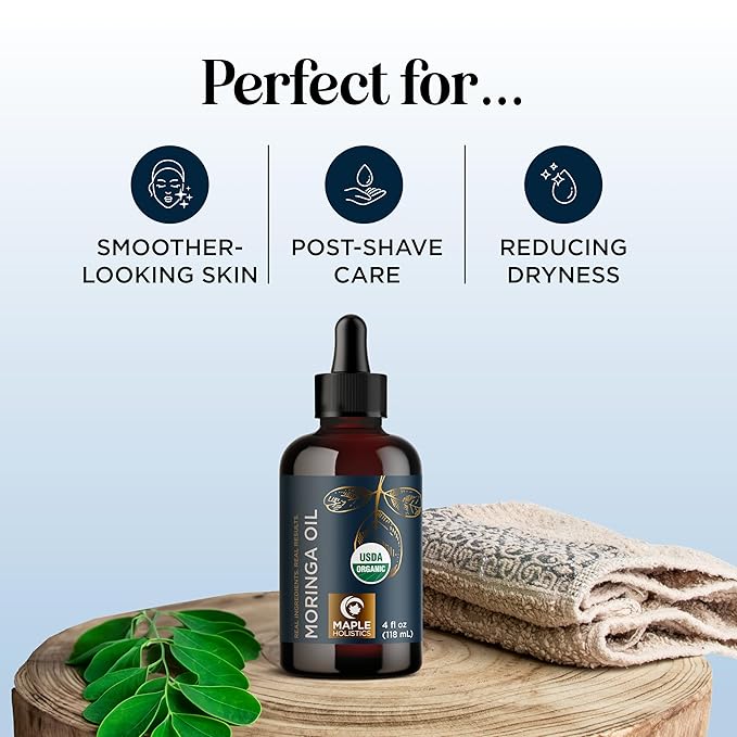 Organic Moringa Oil for Hair and Skin - Cold Pressed Virgin Unrefined Natural Pure USDA Organic Hair Oil for Dry Damaged Hair and Ultra Hydrating Face Oil - Carrier Oil for Essential Oils (2 Pack)