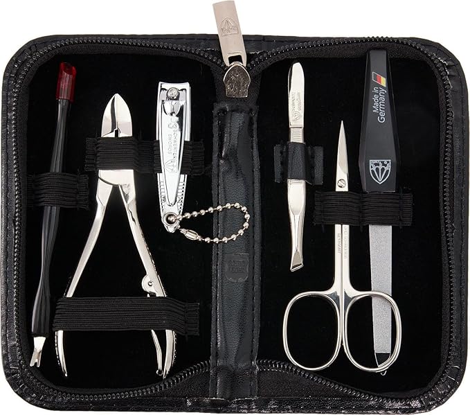 3 Swords Germany - brand quality 6 piece manicure pedicure grooming kit set genuine leather case black, Made in Germany