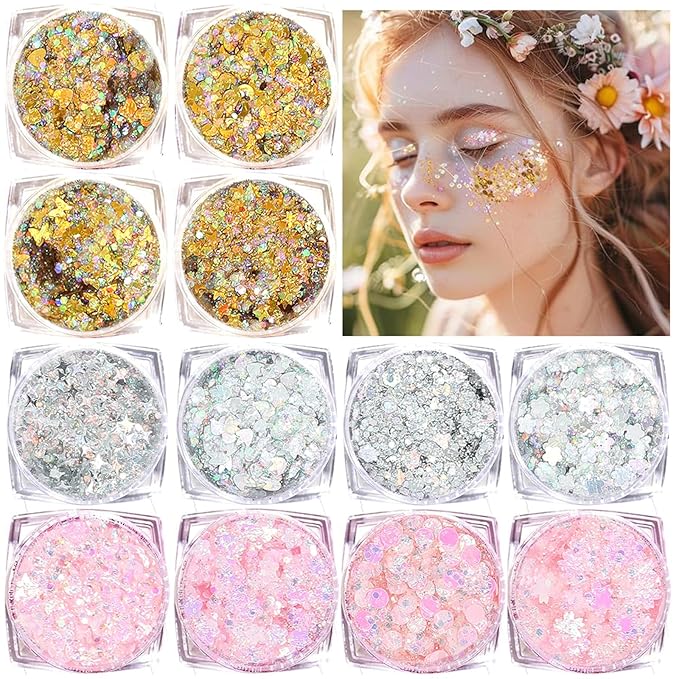Body Glitter Face Glitter, Hair Glitter for Kids, 12 Shapes Fine Chunky Glitter Gel for Women Girls Makeup Sparkles Party Mermaid Sequins Rave Accessories Singer Concerts Festival (Gold-Silver-Pink)