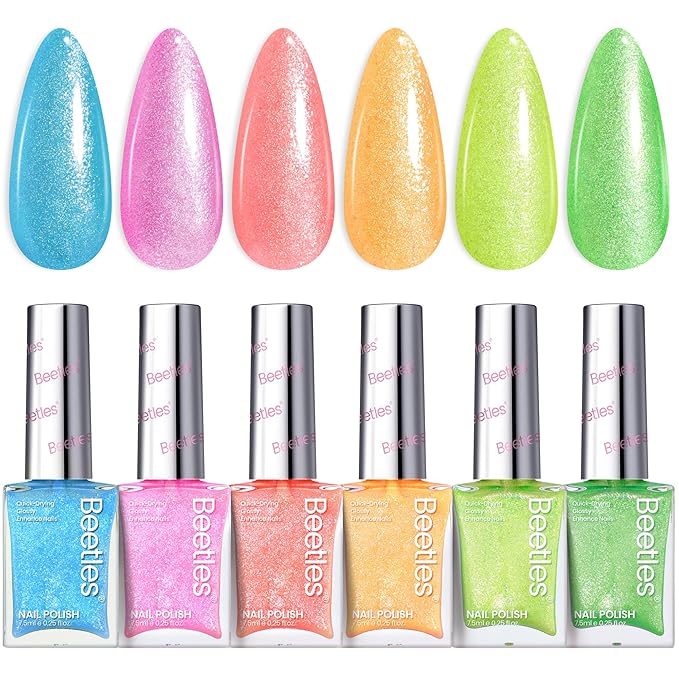 Beetles Neon Nail Polish Set, 6 Colors Glitter Nail Polish Kit Shimmer Pink Blue Green Yellow Orange Neon Fever Quick Dry Fingernail Polish Gifts for Women Salon DIY Manicure Kit