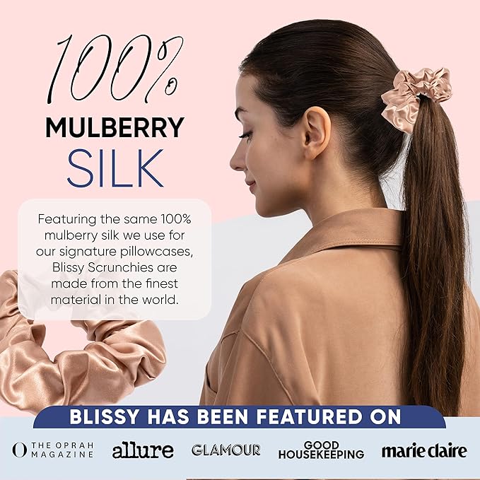 Blissy Silk Scrunchies (3 Pack) - 100% Pure Mulberry Silk - 22 Momme 6A High-Grade Fibers Scrunchie for Straight & Curly Hair - Preventing Breakage, Tangling, & Creasing (Rose Regular)
