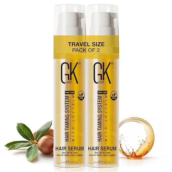 GK HAIR Travel Size Hair Oil - Vegan Argan Oil Frizz Ease Serum- Adds Smooths, Softness & repair Split Ends Paraben, Phthalate and Sulfate Free Pack of 2(0.34 oz)