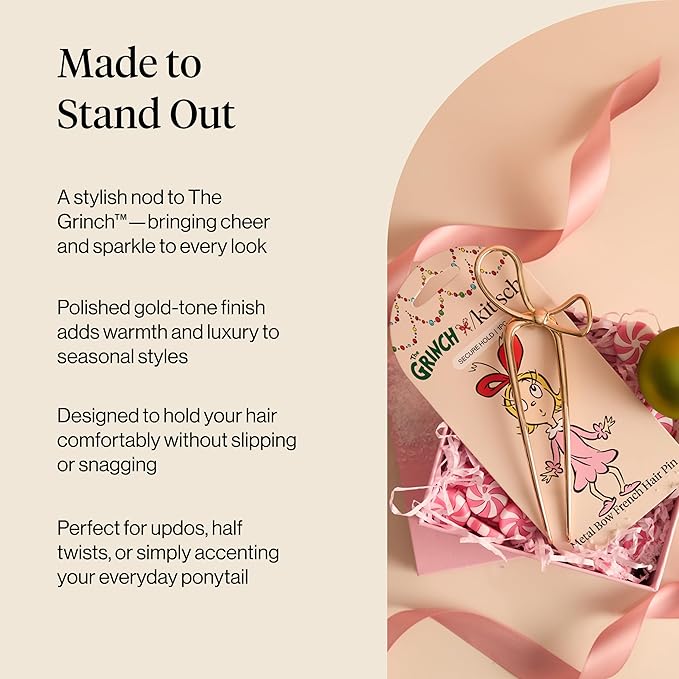 The Grinch x Kitsch Gold French Hair Pin with Bow Design - Durable Metal Hair Pin for Effortless Updos, Half-Up Style | Lightweight & Ideal Stocking Stuffers | Ideal Gifts for Women - 1pc