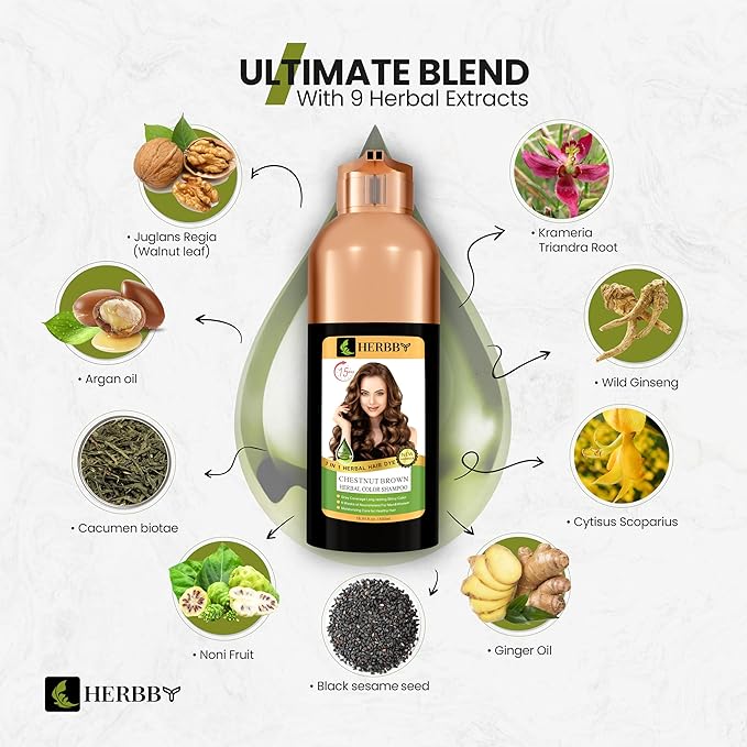 HERBBY Gray Hair Coverage Shampoo & Conditioner - Color Transform with 9 Herbal Extracts, Long-Lasting (6-8 Weeks), Shiny, Even Coloring, Instant Hair Dye, 500 ml (CHESTNUT BROWN)