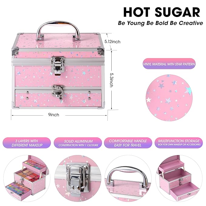 Hot Sugar Makeup Kit for Teens with Train Case, Portable Beginner Makeup Gift Set, Makeup Beauty Kit for Girls (Pink)