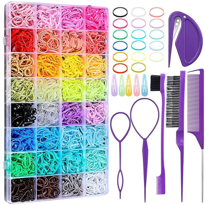 32 Colors Small Hair Rubber Bands with 16 Styling Tools, 2000 Pcs Elastic Girl Baby Hair Ties, Mini Bands with Elastic Cutter, Hair Accessories Xmas Stuff for Girls Baby Toddlers Kids