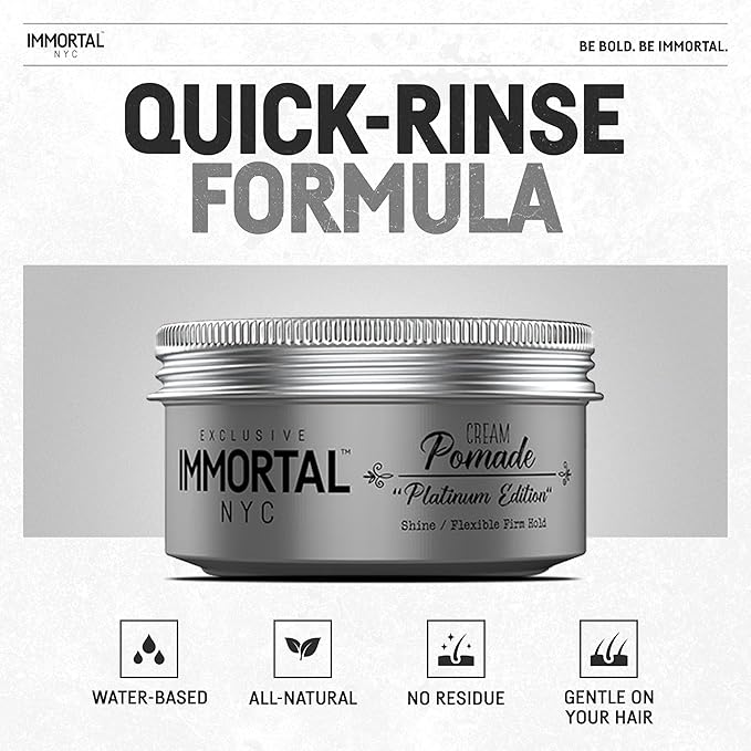 Immortal NYC Hair Styling Cream Pomade Platinum Edition - Mens Water Based, No Residue Hair Balm - All Natural Pomade -Strong Firm Hold - Gel for All Hair Types