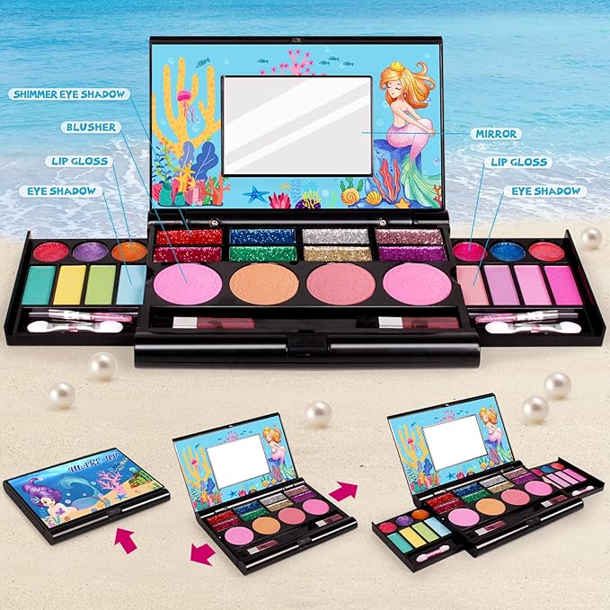 Tomons Kids Makeup Kit for Girl,Mermaid Makeup for Kids, Non-Toxic Make Up for Little Girls Gift Kids Child Toddler Toys for Age 3 4 5 6 7 8 10 Years Old Birthday