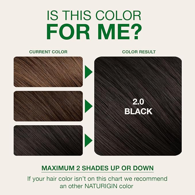 Naturigin Permanent Hair Color, 2.0 Black, Ammonia Free, 100% Gray Coverage, Nourishing Natural Formula, For All Hair Types, Long-Lasting, Vegan & Cruelty-Free, 1 Pack