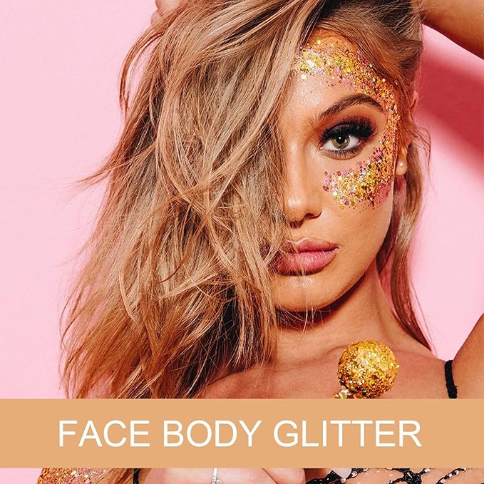 Christmas Face Glitter - Holiday Gift for Women Girls, Chunky Sparkling Glitter Makeup, Party Costume Accessories Christmas Stockings (Gold Body Glitter)