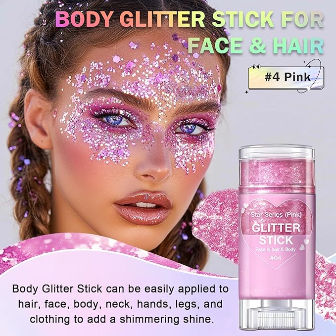 Pink Body Glitter Stick, Face Body Glitter Gel Holographic Hair Glitter Halloween Chunky Sequin Waterproof Face Paint Stick Glitter Makeup for Women