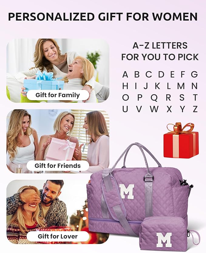 Gifts for Sister-Travel Bag for Women Shoe Compartment, Personalized Weekender Bag, Monogram Overnight Bag, Letter Travel Bag with Makeup Bag，Sister Friend Girlfriend Gifts (Letter N)