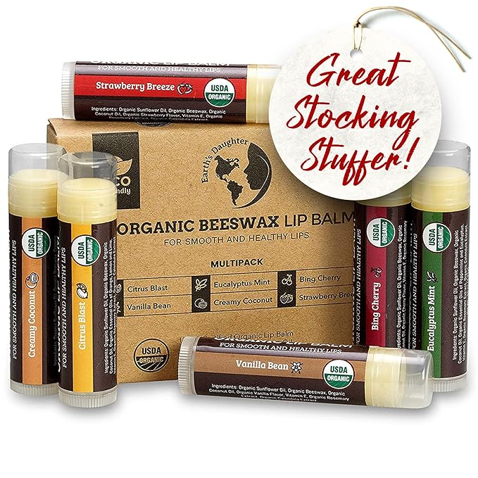 Earth's Daughter USDA Organic Lip Balm 6-Pack Stocking Stuffers - Fruit Flavors, Beeswax, Coconut Oil, Vitamin E - Best Lip Repair Chapstick for Dry Cracked Lips - Moisturizing Lip Care
