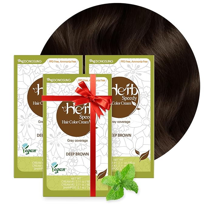 Dongsung Herb Speedy Color Cream(Deep Brown, 3Pack) Korean Herbal Vegan Hair Dye PPD-Free Ammonia-Free Hypoallergenic 100% Gray Coverage, Odorless, Dermatologically Tested, Quick 20-Minute Application