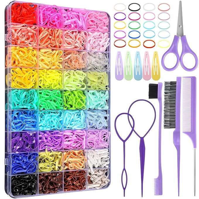 36 Colors Hair Rubber Bands for Hair, 2500 Pcs Elastic Hair Bands with 11 Hair Styling Tools, Colorful Elastic Hair Ties Toddler Hair Accessories for Girls Kids Christmas Gifts for Girls