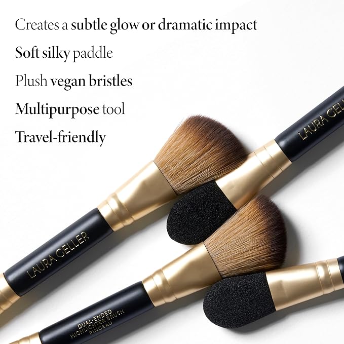 LAURA GELLER NEW YORK Dual-Ended Highlighter Brush - Multipurpose Makeup Brush for Highlighter, Blush, Bronzer and More - Includes Dual-Fiber Vegan Bristles and Satin Paddle for Flawless Application