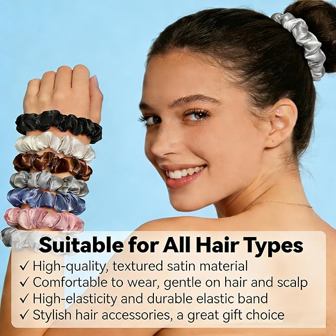 Satin Scrunchies for Women, 8 pcs No Crease No Slip Hair Ties, No Damage Elastic Hair Bands, Hair Styling Accessories, Hair Scrunchy for All Hair Types, Ponytail Holders for Thin & Thick Hair