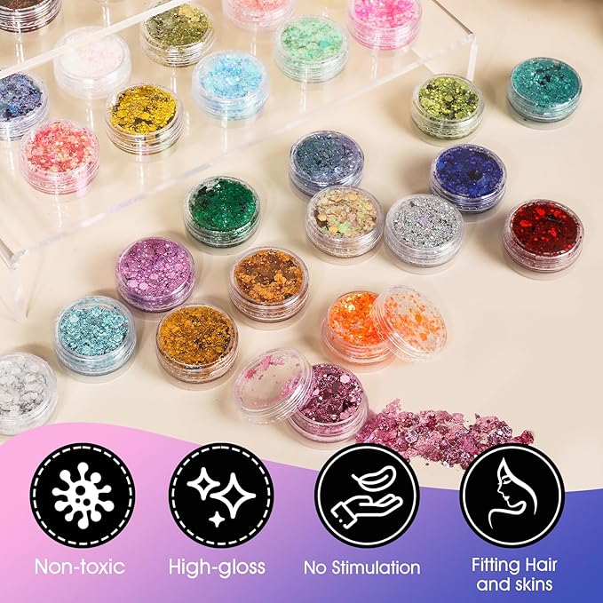 AROIC 40 Colors Body Glitter, Hair Glitter for Kids Women Makeup, Glow in The Dark, Eyeshadow Hair Gel Face Sparkles, Body Makeup for Festivals, Raves, Anime Cosplay, Concerts Festival Face Paint
