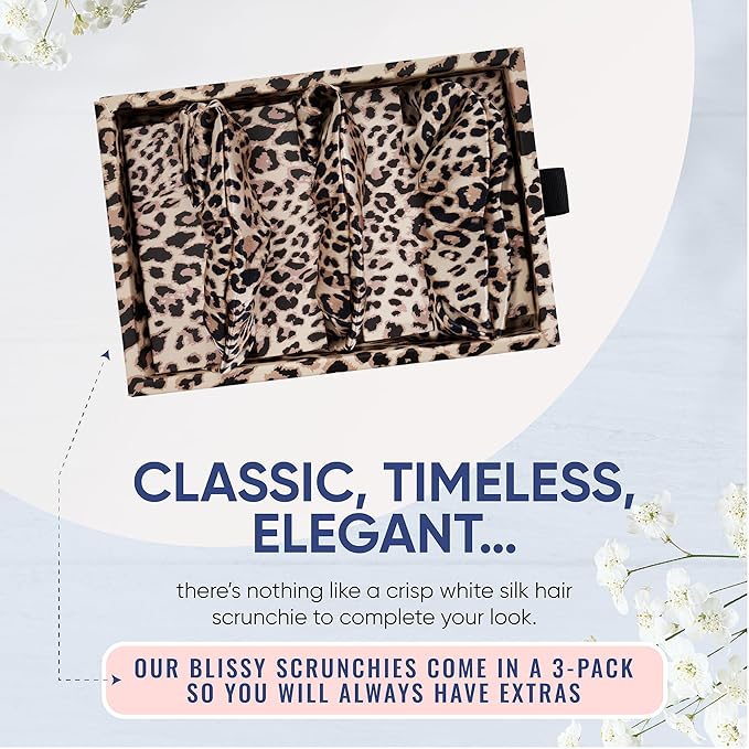 Blissy Silk Scrunchies (3 Pack) - 100% Pure Mulberry Silk - 22 Momme 6A High-Grade Fibers Scrunchie for Straight & Curly Hair (Leopard, Regular)