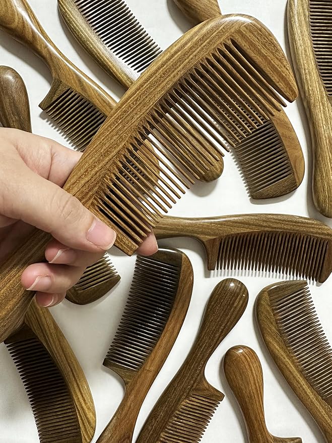 Sharp Fine Tooth Green Sandalwood Comb with Handle - Wooden Thin Hair Detangler Brush for Smoothing & Precision Hair Styling (Anti-Static & Durable)