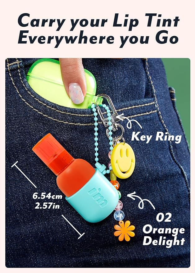 I'M MEME Color Key Ring Water Gel Lip Tint - 02 Orange Delight | Long Lasting Lip Gloss, Hydrating Glossy Finish, Kbeauty, Cute Korean Makeup, Compact, Portable Keychain, Travel-Friendly, 0.09 Oz
