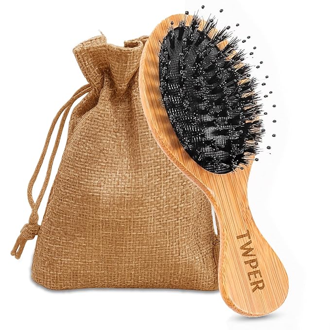 Boar Bristle Hair Brush Mini Travel Size, TWPER Bamboo Nylon Small Detangling Brush for Women Men Kids, Scalp Massage Portable Hair Care Tool Gift