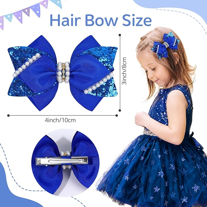 4" Sparkly Glitter Sequin Ribbon Hair Bow Clips,Pearl Wedding Boutique Alligator Barrettes Pins for Teens Toddler,Cheerleader Girls Kids Birthday Party Dress Decor Accessory (Deep Blue)