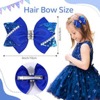 4" Sparkly Glitter Sequin Ribbon Hair Bow Clips,Pearl Wedding Boutique Alligator Barrettes Pins for Teens Toddler,Cheerleader Girls Kids Birthday Party Dress Decor Accessory (Deep Blue)
