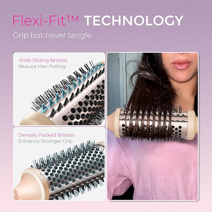 TYMO Thermal Brush Curling Brush - STYLUX 1.7 Inch Blowout Volumizer with Flexi-Fit for Hair Straightening, Heated Round Styler Tool, Hair Straightener and Curler 2 in 1, Dual Voltage, Pink