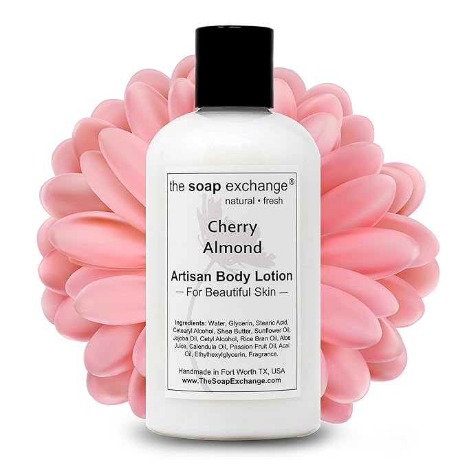 The Soap Exchange Body Lotion - Cherry Almond Scent - Hand Crafted 8 fl oz / 240 ml Natural Artisan Skin Care for Hand, Face, & Body, Moisturize, Hydrate, & Protect. Made in the USA.