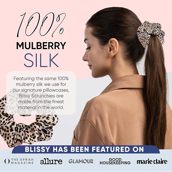 Blissy Silk Scrunchies (3 Pack) - 100% Pure Mulberry Silk - 22 Momme 6A High-Grade Fibers Scrunchie for Straight & Curly Hair (Leopard, Regular)