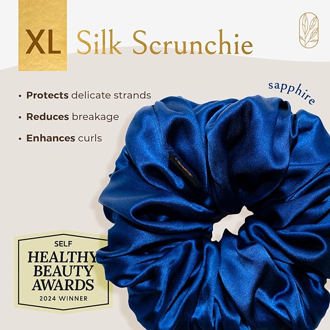 Silk Scrunchies for Women Ponytail Holders – Oversized Mulberry Silk Scrunchies – Extra Large No Damage Hair Ties for Curly, Thick, and Thin - Hair Accessories for Women – Sapphire, XL By Curlfriend